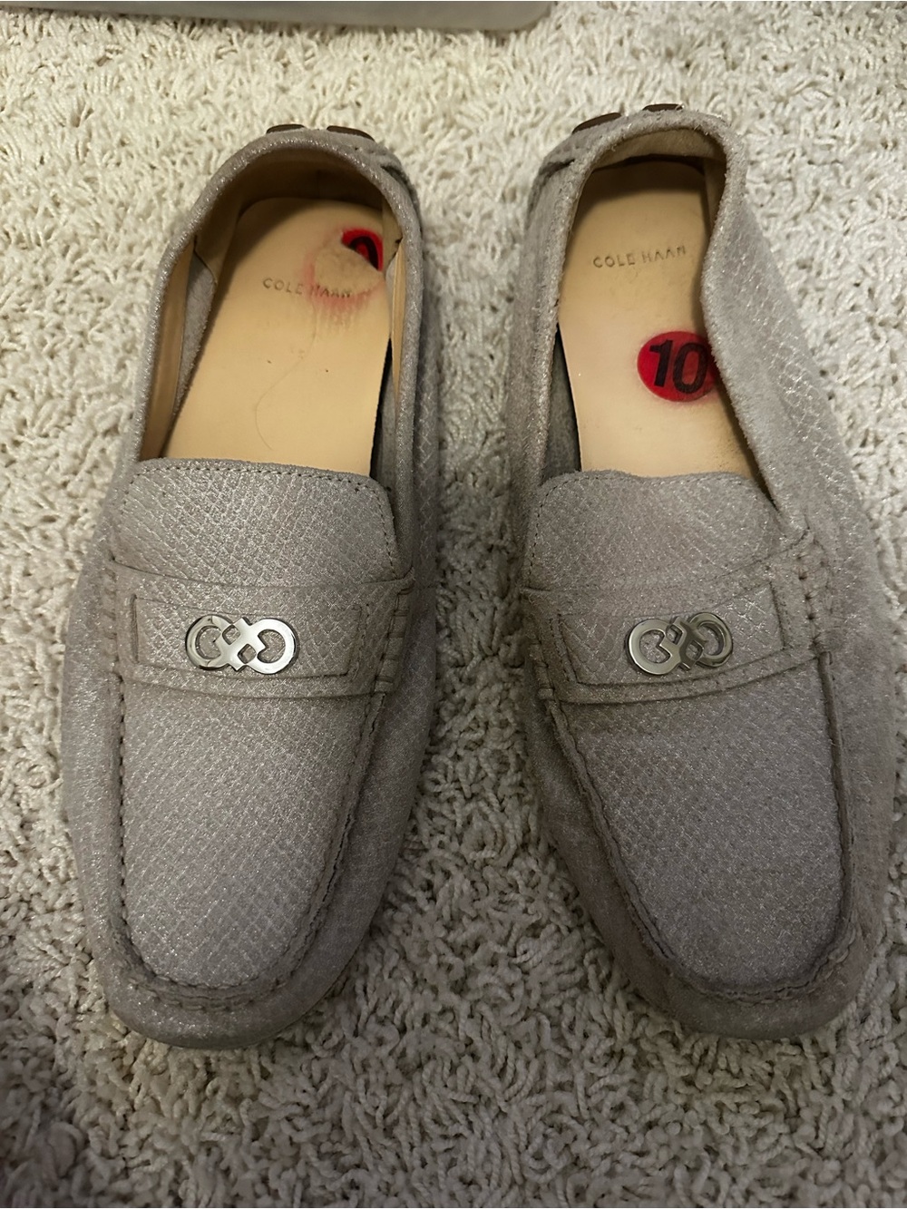 Cole Haan Light Gray Suede Driving Loafers with Silver Bit